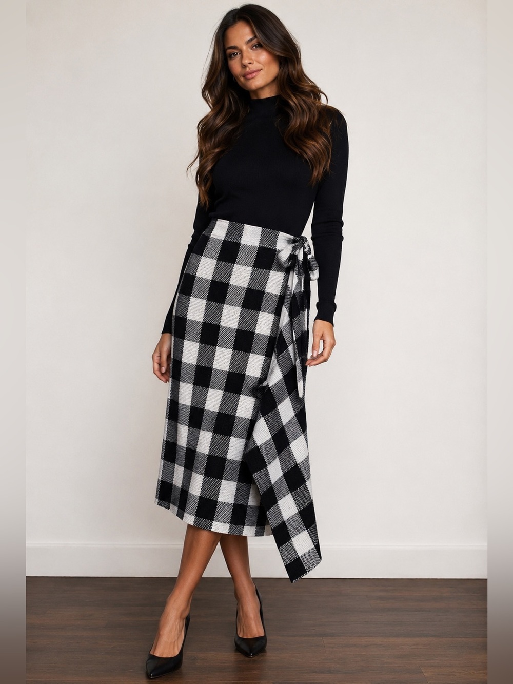 NWT Pomander Place Tuckernuck Gingham Knit Wrap Skirt Blanket Black & White